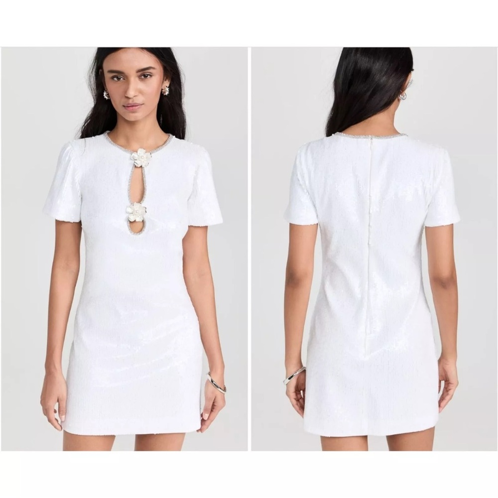 Self-Portrait White Sequin Mini Dress Flower Rhinestone Neckline Size 10 NWT